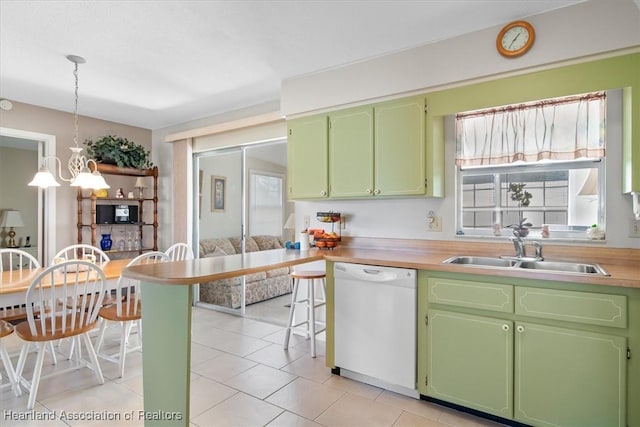 kitchen featuring sink, decorative light fixtures, dishwasher, and green cabinets