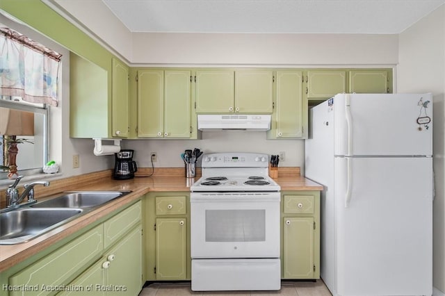 kitchen with sink, white appliances, wooden counters, and green cabinetry