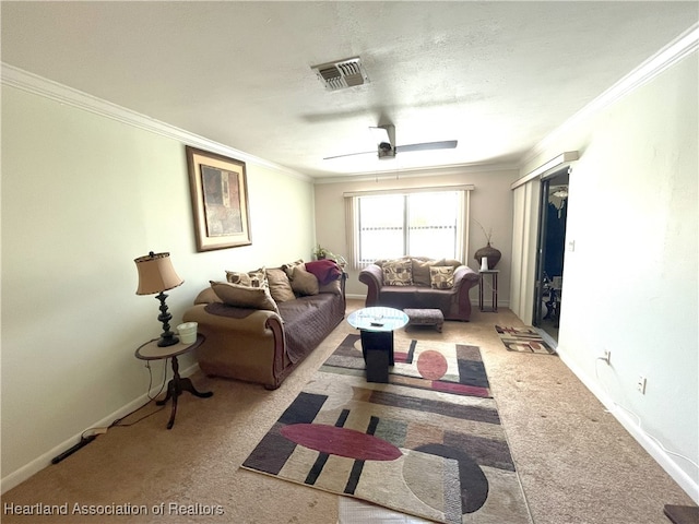 4618 Lafayette Ave, Sebring, FL 33875 - carpeted living area featuring crown molding and ceiling fan