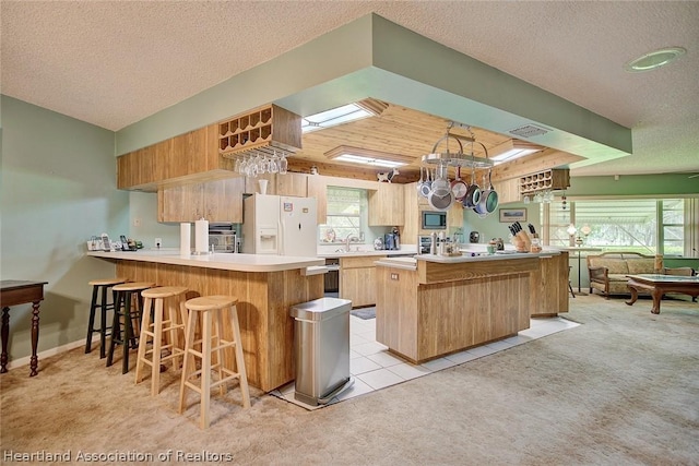 kitchen featuring kitchen peninsula, light colored carpet, stainless steel appliances, and a healthy amount of sunlight