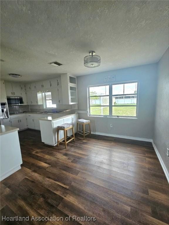908 Taseschee Dr, Sebring, FL 33870 - kitchen with stainless steel microwave, a textured ceiling, plenty of natural light, dark wood finished floors, and a peninsula