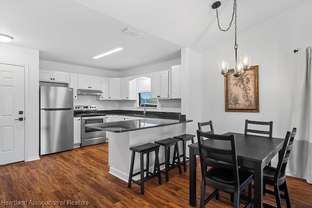kitchen featuring dark countertops, under cabinet range hood, stainless steel appliances, a peninsula, and a notable chandelier