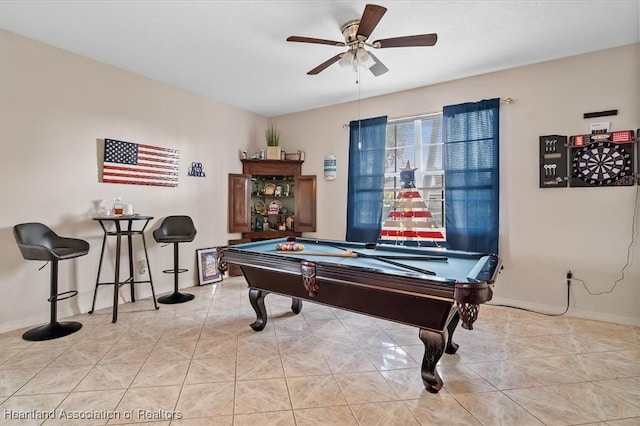 game room featuring pool table, ceiling fan, and light tile patterned floors