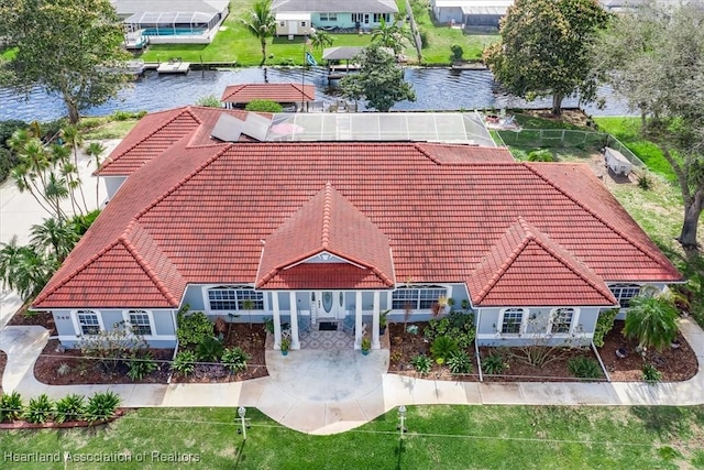 bird's eye view with a water view