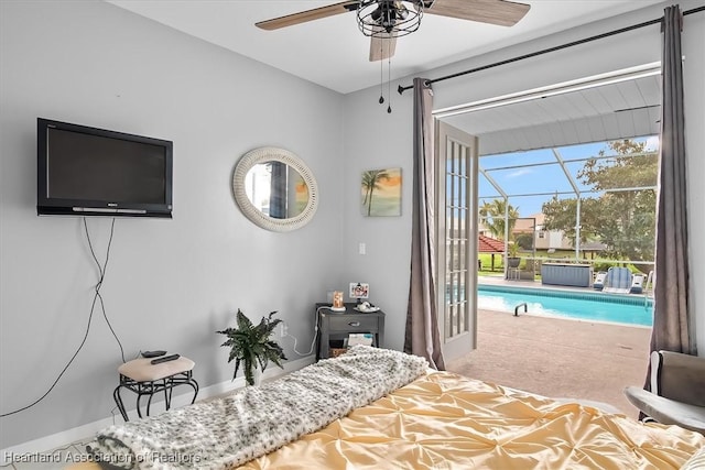 bedroom featuring carpet floors, access to exterior, and ceiling fan