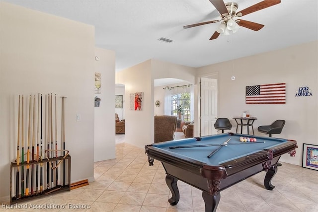 playroom with pool table, light tile patterned floors, and ceiling fan