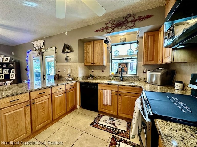 kitchen with sink, black appliances, a healthy amount of sunlight, and light stone countertops