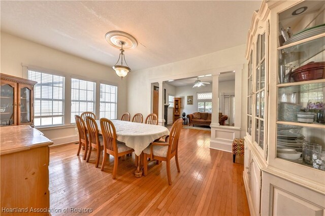 dining area featuring ceiling fan and light hardwood / wood-style flooring