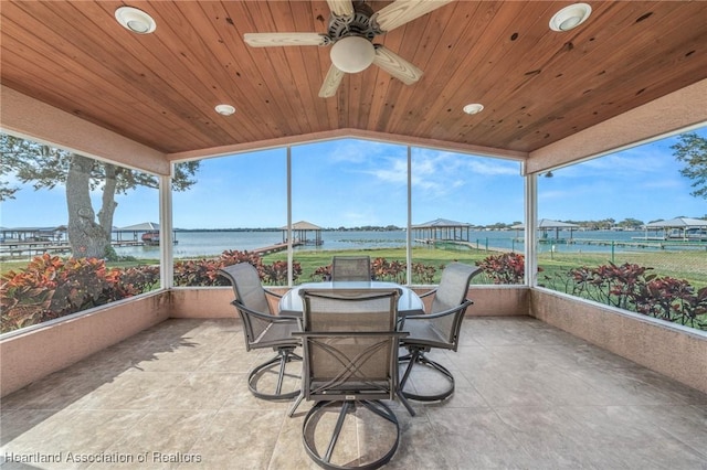 sunroom with ceiling fan, wood ceiling, a water view, and vaulted ceiling