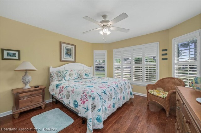 bedroom with multiple windows, dark hardwood / wood-style flooring, and ceiling fan