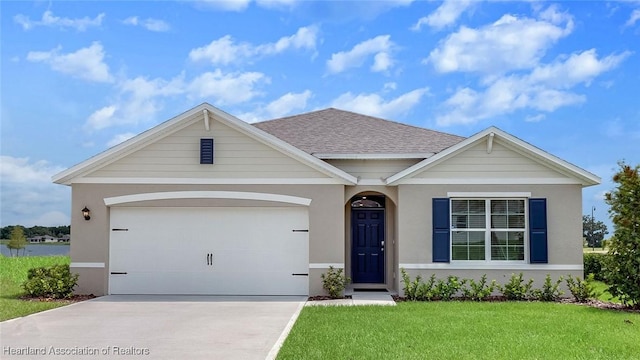 6836 Coconut Dr, Sebring, FL 33872 - view of front facade featuring driveway, a front yard, an attached garage, and stucco siding