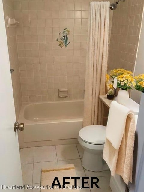 bathroom with toilet, shower / bath combo, and tile patterned floors