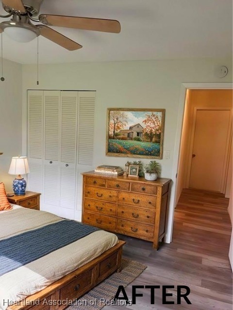 bedroom featuring a ceiling fan, a closet, and wood finished floors