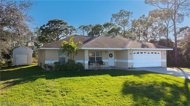 ranch-style home featuring a garage, a shed, and a front yard