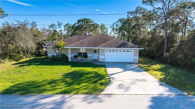 ranch-style home featuring a garage, a front yard, and a porch