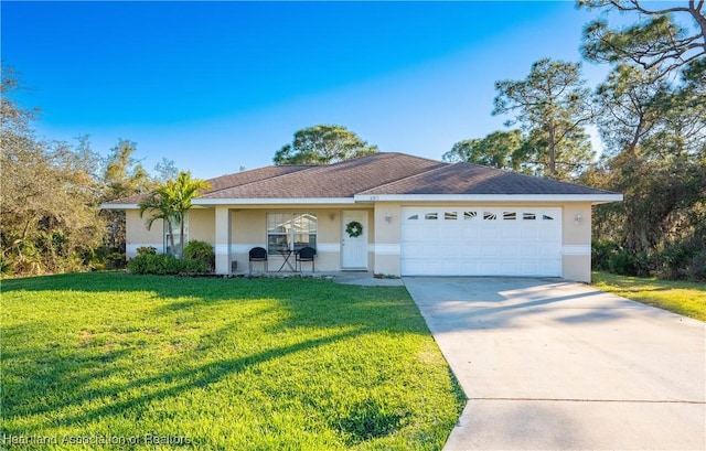 ranch-style home featuring a garage, a front yard, and covered porch