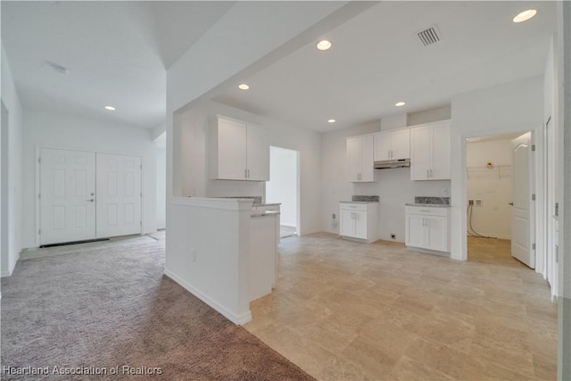 kitchen featuring white cabinetry and light carpet