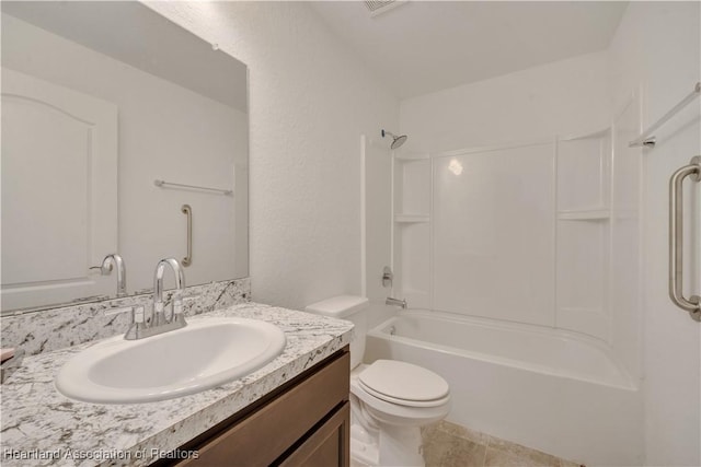 full bathroom with shower / bathing tub combination, vanity, toilet, and tile patterned floors