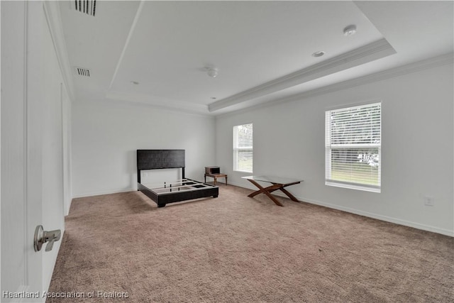 interior space featuring a raised ceiling, carpet floors, ornamental molding, and multiple windows