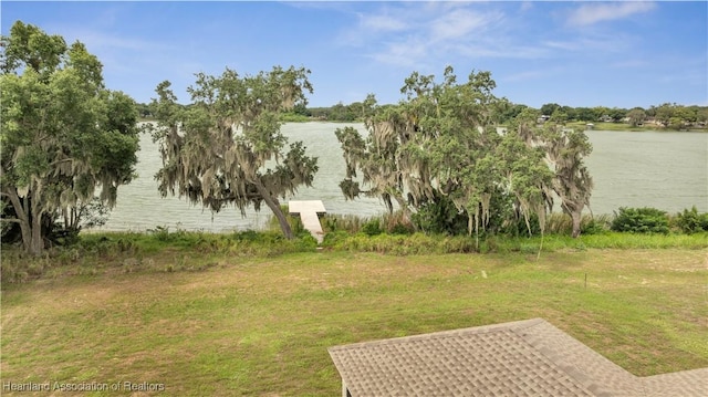 view of yard with a water view and a boat dock