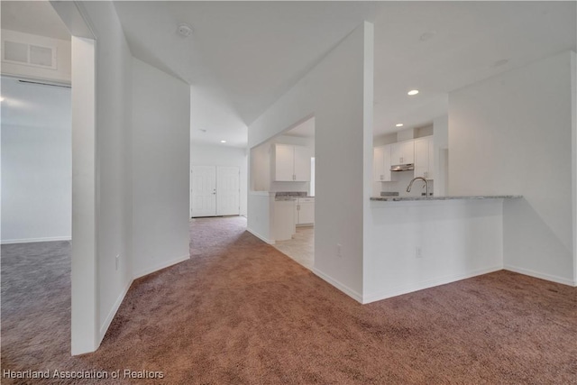 interior space featuring sink and light colored carpet