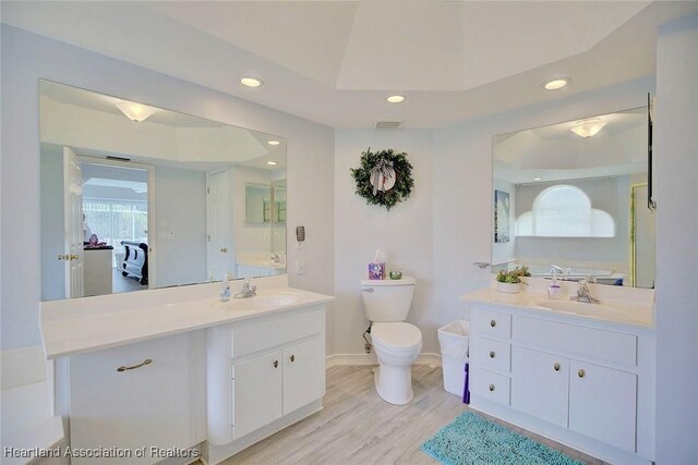 bathroom with vanity, hardwood / wood-style flooring, and toilet