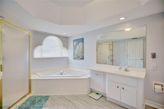 bathroom with hardwood / wood-style flooring, vanity, a raised ceiling, and plus walk in shower