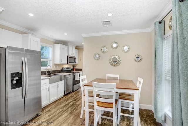 317 Old Bradenton Rd, Wauchula, FL 33873 - kitchen featuring stainless steel appliances, ornamental molding, a sink, a textured ceiling, and white cabinetry