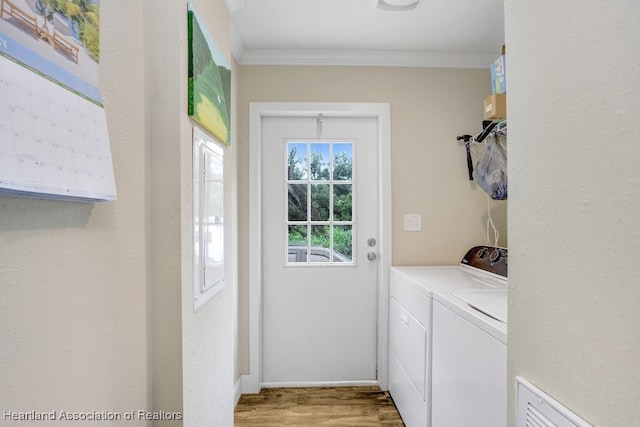 317 Old Bradenton Rd, Wauchula, FL 33873 - laundry area featuring washing machine and dryer, ornamental molding, light wood finished floors, and baseboards