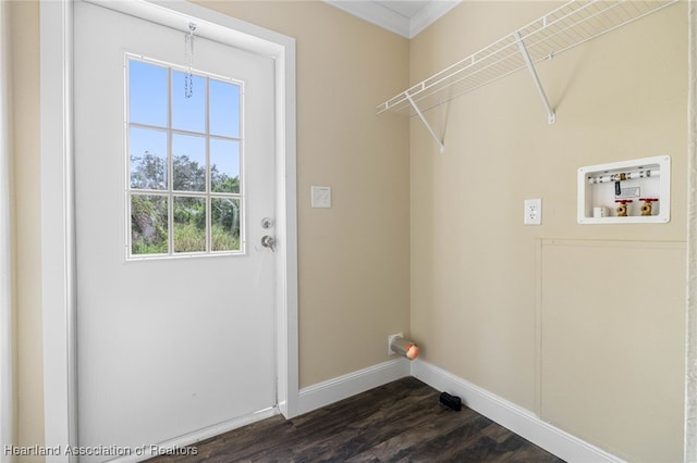 317 Old Bradenton Rd, Wauchula, FL 33873 - laundry area with plenty of natural light, baseboards, hookup for a washing machine, dark wood finished floors, and crown molding