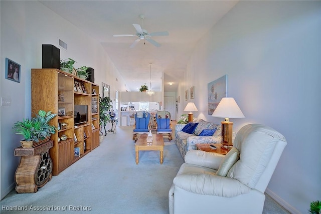 808 Chelsee Way, Lake Placid, FL 33852 - carpeted living room with ceiling fan and high vaulted ceiling