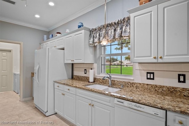 kitchen with white appliances, sink, white cabinetry, ornamental molding, and tasteful backsplash