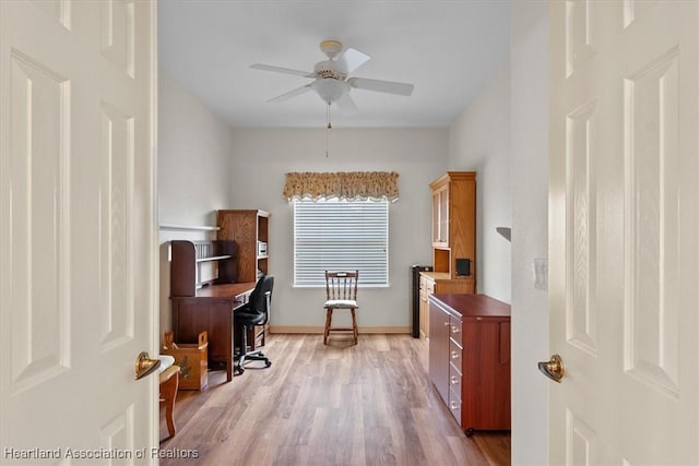 office space with ceiling fan and light hardwood / wood-style flooring