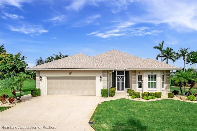 ranch-style house with a front yard and a garage