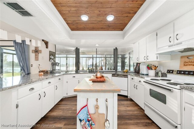 kitchen with white appliances, visible vents, a raised ceiling, wood ceiling, and under cabinet range hood