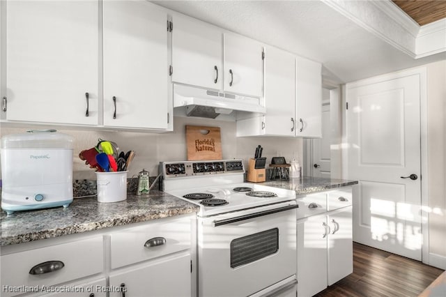 kitchen with white range with electric stovetop, white cabinets, dark wood-style floors, ornamental molding, and under cabinet range hood