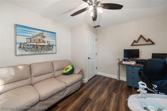 home office with ceiling fan, visible vents, baseboards, and dark wood-style flooring