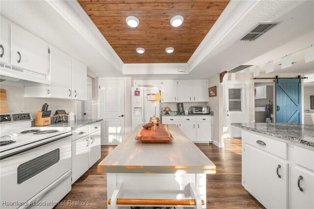 kitchen featuring a barn door, under cabinet range hood, white appliances, visible vents, and a raised ceiling