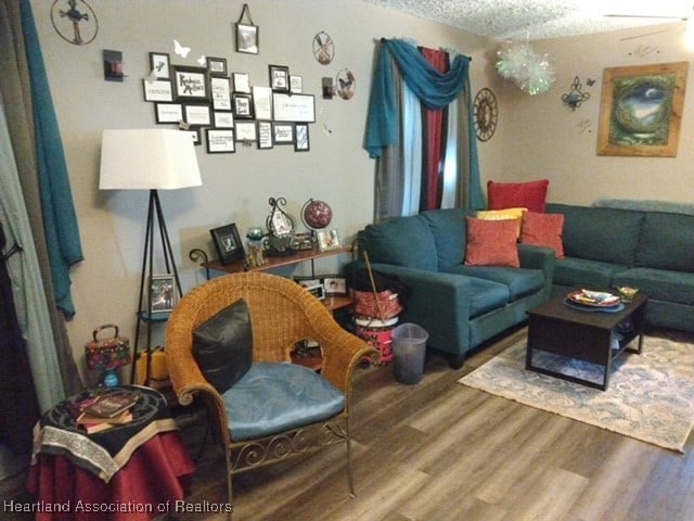 living room featuring wood-type flooring and a textured ceiling