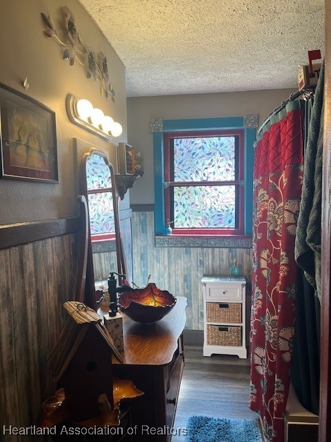 410 Walnut St, Sebring, FL 33870 - bathroom featuring a textured ceiling, a wainscoted wall, wood finished floors, a shower with shower curtain, and vanity