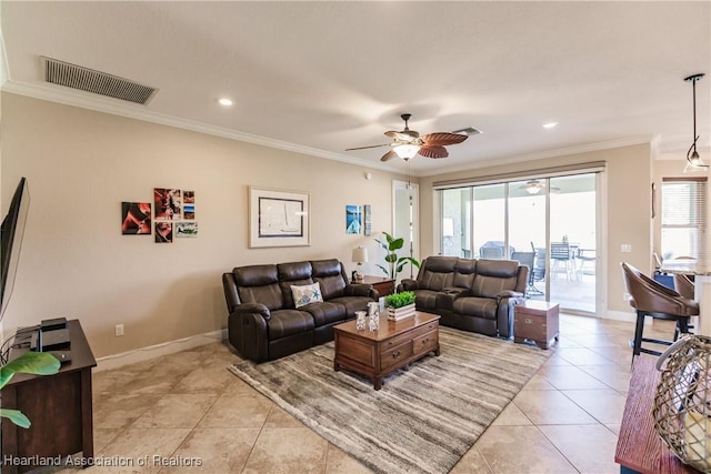 tiled living room featuring ceiling fan and ornamental molding