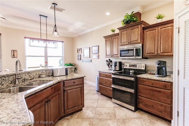 kitchen with stainless steel appliances, crown molding, sink, and light tile patterned floors