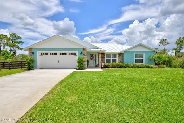 ranch-style home with a garage and a front lawn