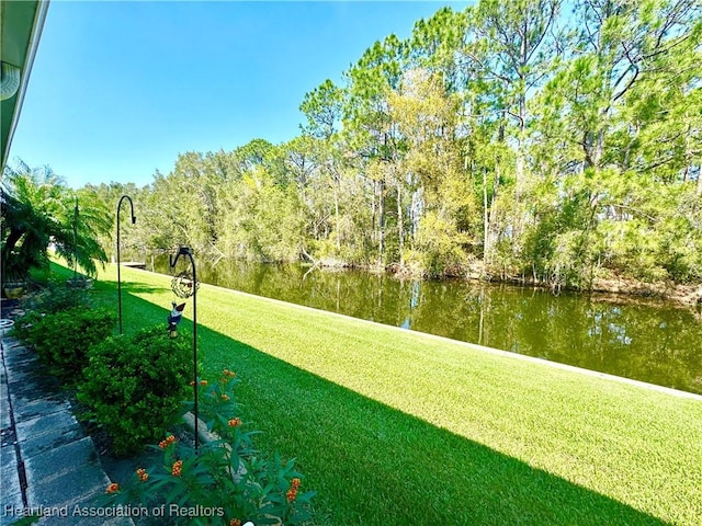 view of community featuring a yard and a water view