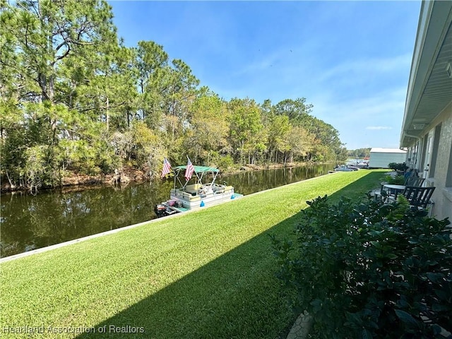 view of yard with a water view and a boat dock