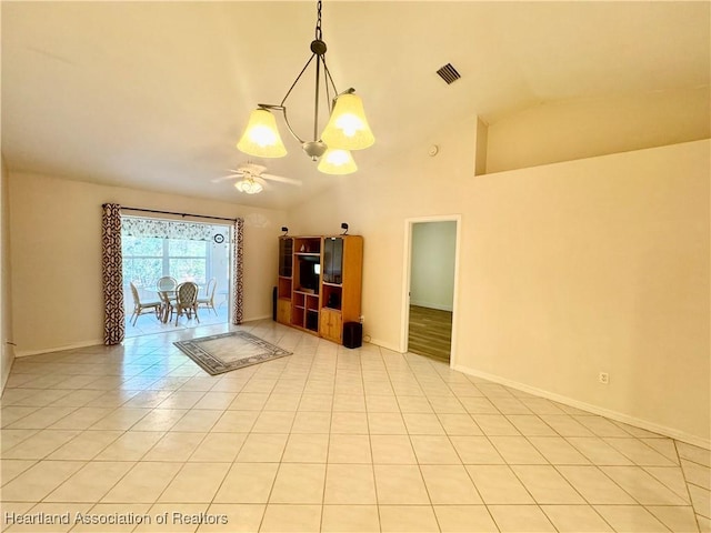 unfurnished living room featuring visible vents, light tile patterned floors, baseboards, ceiling fan, and vaulted ceiling