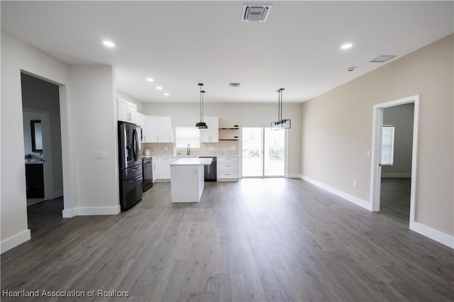 kitchen featuring a center island, dishwashing machine, dark hardwood / wood-style flooring, white cabinets, and black refrigerator with ice dispenser