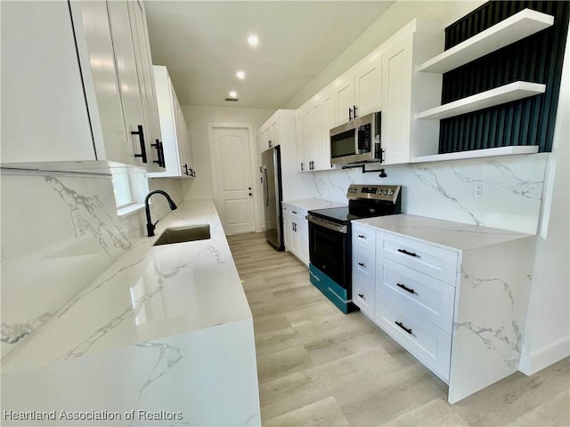 kitchen featuring decorative backsplash, stainless steel appliances, white cabinetry, and sink