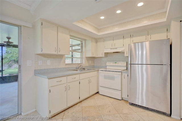 kitchen with white cabinetry, white electric range, sink, and stainless steel refrigerator