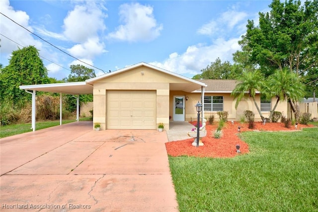 ranch-style home with a carport, a garage, and a front yard